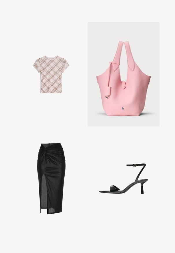 Rövidujjú, rózsaszín póló barna átlós kockás mintával, kerek nyakkal és diszkrét fodros díszítéssel a nyakrészen, fehér háttéren lefektetve.; Fekete midi szoknya rugalmas anyagból, csavarodott elülső designnal, oldalsó résnyivel és hátsó cipzáras záródással.; Bershka Magas sarkú szandálok - black; Rózsaszín bőrtáska texturált felülettel, két hosszúkás fülekkel és egy kis levehető címkével. A logó az alján helyezkedik el.