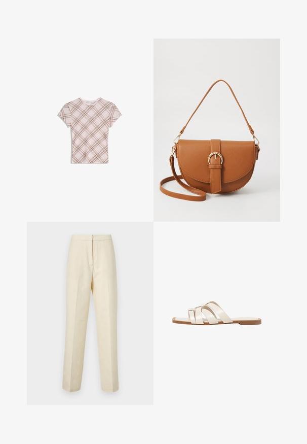 Roze t-shirt met korte mouwen en een bruin diagonaal ruitpatroon, ronde hals en subtiele ruches aan de kraag, plat gelegd op een witte achtergrond.; Lichte crème tailored broek met een textuur van bloemmotief, met een rechte pijp en een schone tailleband met een achtersluiting.; Vlakke sandalen met een tan rubberen zool, ontworpen met drie overlappende witte leren banden en een kleine strikdetail in het midden.; Bruine leren schoudertas met een gebogen vorm, gouden hardware en een gespaccent. Bevat een afneembare schouderriem.