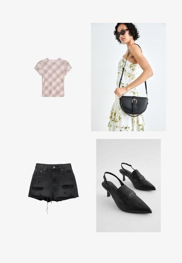 Różowa koszulka z krótkim rękawem z brązowym diagonalnym wzorem w kratkę, okrągły dekolt i delikatne falbany na kołnierzyku, leżąca płasko na białym tle.; Czarne szorty dżinsowe z postrzępionymi brzegami, zniszczonymi łatami, z przednim zapięciem na guzik oraz pięcioma kieszeniami. Klasyczny krój w wysokim stanie.; Czarne skórzane sandały na obcasie typu slingback z ostrymi noskami, z szerokim paskiem na przodzie i akcentami w srebrnym kolorze. Teksturowane wykończenie, średni obcas.; Czarna skórzana torebka o zakrzywionym kształcie, z odpinanym paskiem i złotymi akcentami. Torebka posiada klapę z zapięciem w kształcie klamry.