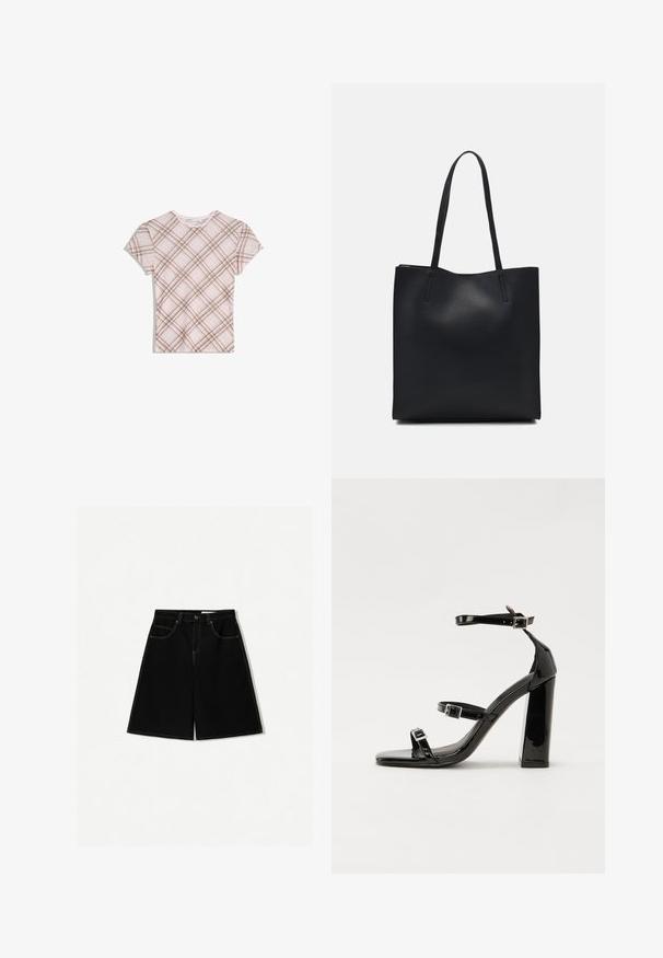 Růžové tričko s krátkým rukávem, hnědým diagonálním kostkovaným vzorem, kulatým výstřihem a jemným volánkovým lemem na límci, položeno na bílé pozadí.; Černé džínsové šortky s volným střihem, které mají pět kapes, žluté švy a středně vysoký pas.; Černé lakované sandály na vysokém podpatku se dvěma pásky se sponami, čtvercovou špičkou a robustním blokovým podpatkem, s hladkou, lesklou texturou.; Černá kožená taška přes rameno s hladkým povrchem, obdélníkovým tvarem a dvěma dlouhými uchy. Žádné viditelné kování ani ozdoby.