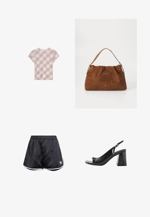 Rövidujjú, rózsaszín póló barna átlós kockás mintával, kerek nyakkal és diszkrét fodros díszítéssel a nyakrészen, fehér háttéren lefektetve.; Fekete sportnadrág sima szintetikus anyagból, fehér oldalsó díszítéssel és hímzett logóval a bal alsó részen.; Next Szandálok - black; Barna velúr kézitáska, gyűjtött kialakítással, egyetlen világosbarna bőrszíjjal és egy diszkrét arany logós részlettel az elején.