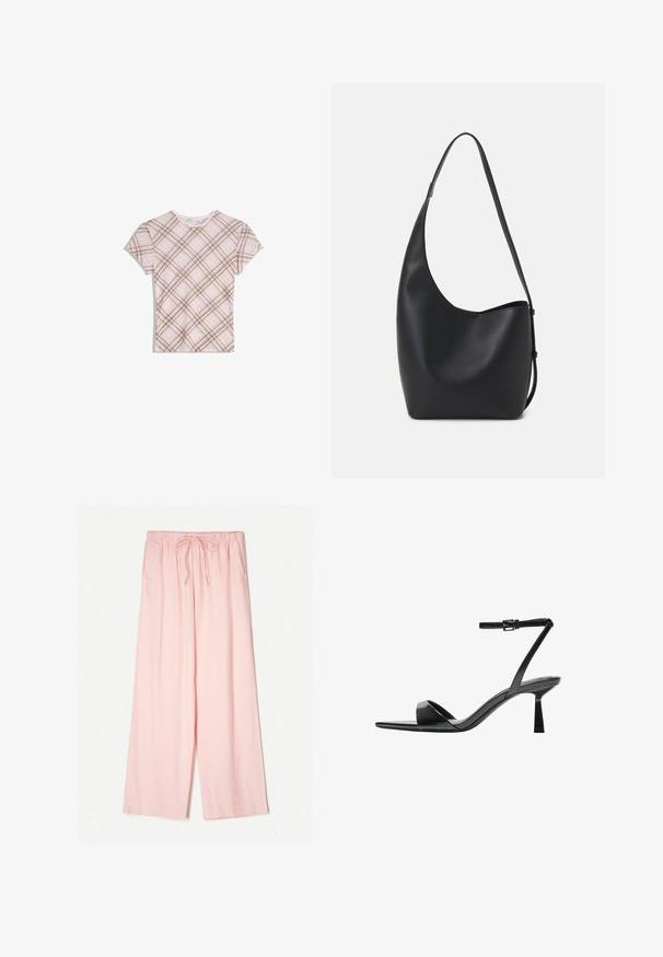 Ružová tričko s krátkym rukávom s hnedým diagonálnym károvaným vzorom, okrúhly výstrih a jemný volánik na golieri, položené na bielom pozadí.; Svetloružové široké nohavice s elastickým pásom a nastaviteľnou šnúrkou. Vyrobené z hladkej tkaniny s voľným strihom.; Bershka Sandále na vysokom opätku - black; Čierna kožená hobo taška so hladkou textúrou, zakriveným tvarom a jedným nastaviteľným popruhom; má široké otvorenie na vrchu.