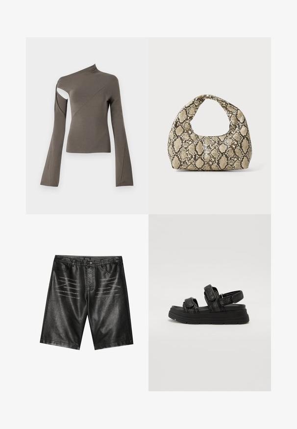 Asimetriška ilgomis rankovėmis palaidinė alyvuogių spalvos, su išpjova ant vieno peties, lygiu paviršiumi ir išplatintų rankovių dizainu.; Juodi dirbtinės odos šortai su lygiu paviršiumi, penkiais kišenėmis ir subtiliomis juostelėmis priekyje. Klasikinio tiesaus kirpimo dizainas.; Juodos basutės su tekstūruota dirželio dizainu, su dviem reguliuojamais Velcro užsegimais ir storu guminio pado, suteikiančiu papildomą aukštį.; Gyvatės rašto rankinė su kreiviu rankenėle. Pagaminta iš tekstūruotų smėlio ir rudos spalvos medžiagų, su išskirtiniu rombo raštu.