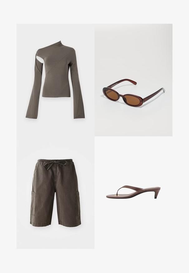 Asymmetrische langemouwen top in olijfgroen, met een uitsnijding op één schouder, gladde textuur en uitlopende mouwontwerp.; Cargo shorts van donkergrijze stof, met een elastische tailleband en een trekkoord, zijzakken en een relaxte pasvorm. Duurzaam materiaal.; Bruine hakken flip-flop sandaal met een slanke band en ronde teenpost, met een kleine gouden accent op de voetbed.; Ronde, bruin getinte zonnebril met een glanzend bordeauxrood frame. Slanke pootjes met subtiele merkdetails. Vlakke lensontwerp.; Zwarte geweven tote bag met een gestructureerd rasterontwerp. Bevat een zachte, donkere binnenvoering en lange, afgeronde handvatten voor het dragen.