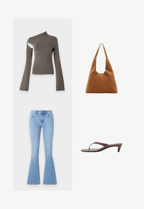 Asymmetrisk langermet topp i olivengrønn, med et utsnitt på den ene skulderen, glatt tekstur og utvidede ermer.; Vaaleansiniset verkkarit, jotka on valmistettu denimestä, featuring istuva vyötärö, etutaskut ja vetoketjuluukku. Eroava flare-helma nilkassa.; Kahvoit varrelliset flip-flop sandaalit, joissa on hoikka hihna ja pyöristetty varvasosa, sekä pieni kultainen yksityiskohta pohjalla.; Ruskea mokkavuori hobo-laukku, jossa on löysä muoto, kaareva yläkahva ja kolmiosaiset paneelit etu- ja takapuolella.