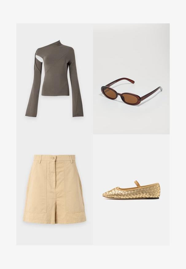 Asymmetrische langemouwen top in olijfgroen, met een uitsnijding op één schouder, gladde textuur en uitlopende mouwontwerp.; Beige katoenen shorts met een hoge taille, sluiting met een knoop aan de voorkant, riemlussen en twee voorzakken. Soepele textuur en op maat gemaakte ontwerp.; Loeffler Randall LEONIE SOFT BALLET FLAT - Ballerina's met enkelbandjes - gold; Ronde, bruin getinte zonnebril met een glanzend bordeauxrood frame. Slanke pootjes met subtiele merkdetails. Vlakke lensontwerp.