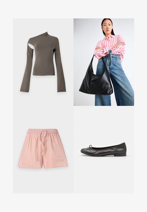 Neatbilstoša ilgu piedurkņu augšdaļa olīvzaļā krāsā, ar izgriezumu vienā plecā, gludu tekstūru un izplestām piedurknēm.; Gaiši rozā šorti ar vertikālām sarkanām svītrām, izgatavoti no mīksta auduma. Satur elastīgu jostasvietu ar šņorēšanu regulēšanai.; Melnas ādas baleta kurpes ar noapaļotu purngalu, mazu loku akcentu priekšā un zemu, taisnstūrveida papēdi. Gluda tekstūra.; Melnas ādas plecu soma ar vaļīgu formu un šuvju detaļām. Modelis valkā rozā un baltu svītrainu kreklu ar plaša kāju ziliem džinsiem.