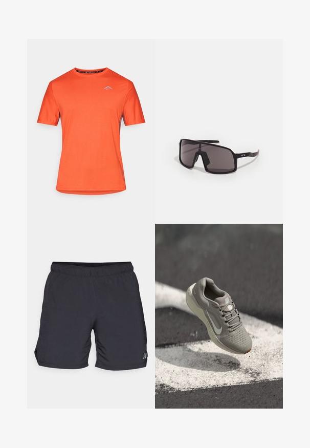 Ryškiai oranžinė trumpas rankovėmis sportinė marškinėliai su apvalia iškirpte ir mažu šviesiai mėlynu logotipu ant kairiojo krūtinės priešais baltą foną.; Juodi sportiniai šortai, pagaminti iš lengvos medžiagos, su elastinga juosmens juosta ir šoninėmis angomis judumui. Minimalus ženklinimas šone.; Šviesiai pilkos spalvos sportiniai bateliai su tekstūruota viršutine dalimi, balta logotipu ir paminkštintu padu. Turi raištelių užsegimą ir sustiprintą pirštų zoną.; Juodos stačiakampės saulės akinius su tamsiais stiklais, plačia rėmeliu ir plonomis juodomis kojelėmis. Ant smilkinių yra logotipas. Lygus paviršius.