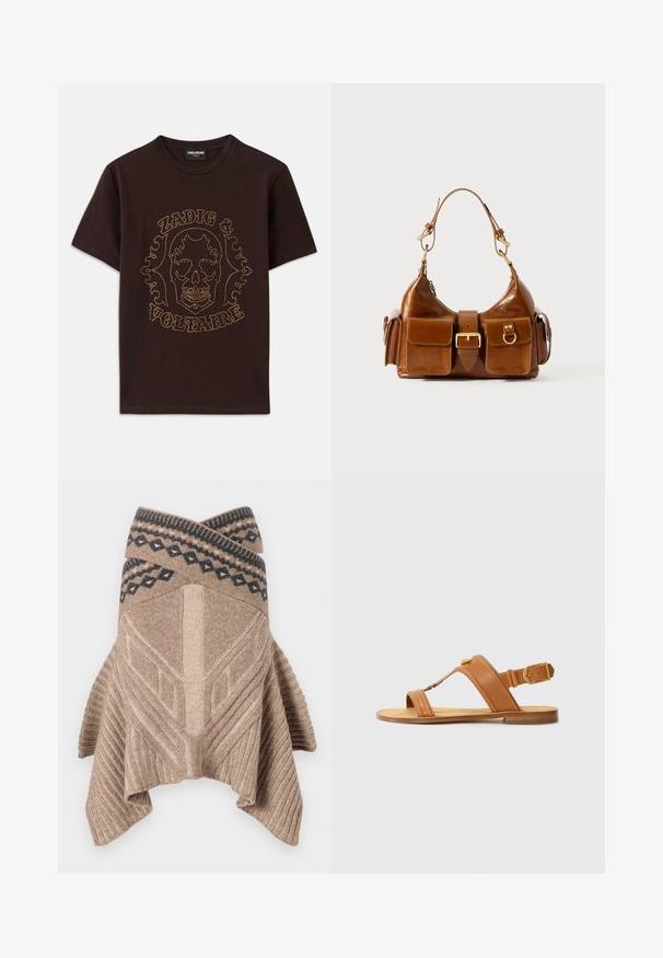 Črna majica s kratkimi rokavi, izdelana iz bombaža, z grafiko lobanje obrobljeno z zlatimi žebljički ter napisom "Zadig & Voltaire", okroglo izrezana.; Bež pletena pončo s ribano teksturo, geometrijskim vzorcem in kontrastnim obrobjem v temno modri barvi. Spuščena, asimetrična obleka.; Rjave usnjene sandale z nastavljivim gležnjarskim trakom, ravnim podplatom in prečnimi zgornjimi trakovi. Gladka tekstura, minimalističen dizajn, zlat okras.; Rjava usnjena torbica s ukrivljeno obliko, dvojno zlato obarvano kovinsko okovje, dva sprednja žepa in širok pas. Gladka tekstura z elegIntnim videzom.