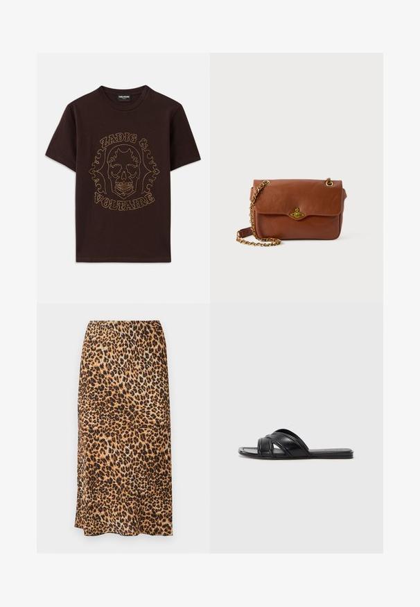 Črna majica s kratkimi rokavi, izdelana iz bombaža, z grafiko lobanje obrobljeno z zlatimi žebljički ter napisom "Zadig & Voltaire", okroglo izrezana.; Midijeva krila s leopardjim vzorcem v odtenkih rjave in črne barve, s gladko teksturo in eleganten, prilagojen silhueto.; Črne drsne sandale z gladkim usnjenim finišem, z navzkrižnimi trakovi in izrezljanimi detajli ter ravnim, fleksibilnim podplatom.; Rjava usnjena torba čez ramo s pokrovom, zlatim okovjem in verižnim trakom. Gladka tekstura, pravokotna oblika, minimalno podrobnosti.