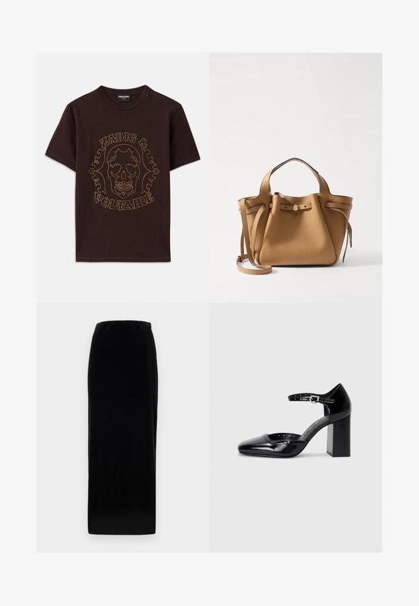 Čierne tričko vyrobené z bavlny, s grafikou lebky orámovanou zlatými cvokmi a textom "Zadig & Voltaire", krátke rukávy a okrúhly výstrih.; Čierna sametová maxi sukňa s rovnou siluetou, elastickým pásom, hladkou textúrou a bez viditeľných vzorov alebo detailov hardvéru.; Čierne lakované dámske topánky na vysokom opätku so štvorcovou špičkou, remienkom okolo členku a masívnym opätkom. Obsahuje perforované detaily pozdĺž lemu.; Tory Burch ROMY PEBBLED SATCHEL - Kabelka - tiramisu