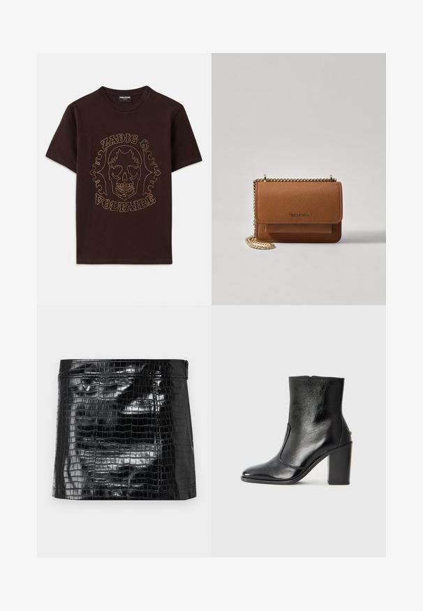 Zwarte T-shirt van katoen, met een schedelafbeelding omlijnd met gouden studs en de tekst "Zadig & Voltaire", korte mouwen en ronde hals.; Zwarte, glanzende vinyl clutch met een krokodillenleren patroon, een gladde textuur en een ritssluiting aan de bovenkant. Compact rechthoekig formaat.; Zwarte leren enkelboot met een gladde textuur, spitse neus en een gedurfde hoge hak. Beschikt over een zijopening en een minimalistisch ontwerp.; Bruine lederen schoudertas met textuur, voorzien van een gouden kettingstrap en klepsluiting. De voorkant heeft een logo-detail en een zak onder de klep.