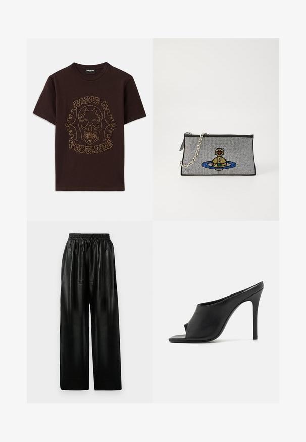 Fekete pamut póló, arany szegecsekkel körbefuttatott koponya grafikával, "Zadig & Voltaire" felirattal, rövid ujjú és kerek nyakkivágású.; Fekete bőr széles szárú nadrág, rugalmas derékkal, két oldalsó zsebbel és sima, fényes textúrával.; GIABORGHINI KEIRA - T-pántos szandálok - black; Fekete kisestélytáska ezüst lánc pánttal, amelyen egy színes gyöngyökből készült dizájn látható: egy sárga tengeralattjáró, amelyet kék gyűrű vesz körül.