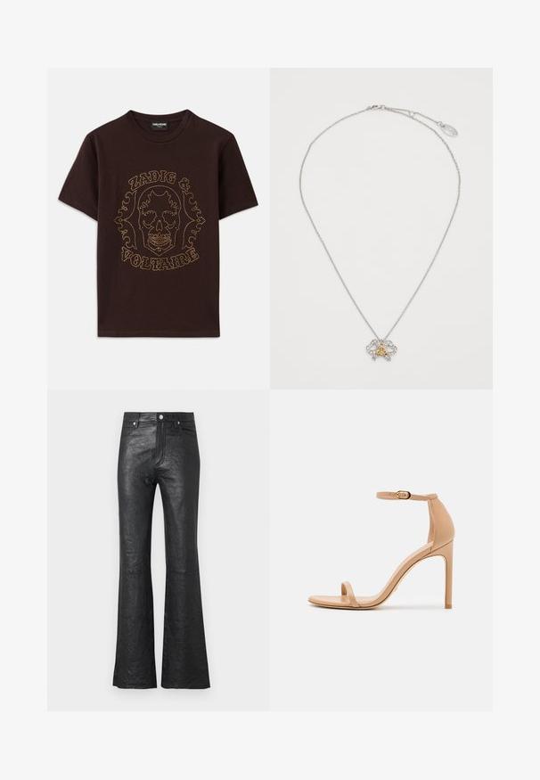 Tricou negru din bumbac, cu un grafic de craniu conturat în strasuri aurii, cu textul "Zadig & Voltaire", mâneci scurte și guler rotund.; Pantaloni din piele neagră evazați, cu o textură crăpată, talie înaltă, buzunare frontale și închidere clasică cu nasture și fermoar.; Sandale cu toc înalt, nude, cu un brâu subțire la gleznă, vârful deschis, din piele netedă și un toc elegant, conic. Design minimalist cu detalii din aur.; Colier din lanț cu ton argintiu, prezentând un pandantiv în formă de fluture, decorat cu cristale clare și un detaliu central auriu. Închidere ajustabilă în partea din spate.