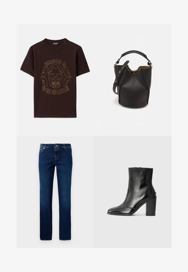 Fekete pamut póló, arany szegecsekkel körbefuttatott koponya grafikával, "Zadig & Voltaire" felirattal, rövid ujjú és kerek nyakkivágású.; Sötétkék farmernadrág egyenes szárú fazonnal, klasszikus derékrésszel, öt zsebbel és diszkrét varrási részletekkel az illesztéseken.; Fekete bőr bokacipő sima textúrával, hegyes orral és vastag, magas sarkával. Oldalnyílással és minimalista dizájnnal rendelkezik.; Fekete bőr vödör táska texturált felülettel, arany hardware részletekkel és nyitott tetejével. Rövid fogantyúval és állítható vállpánttal rendelkezik.
