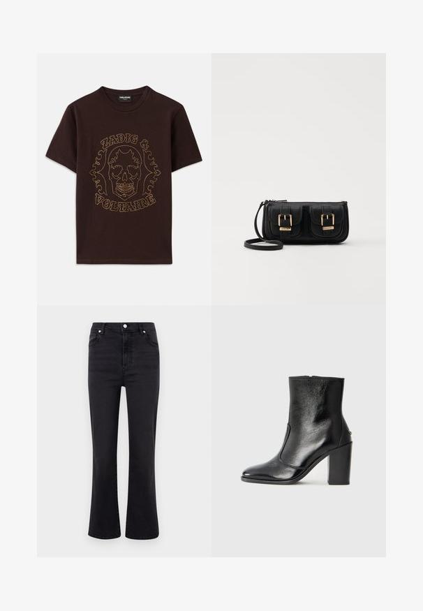 Svart t-shirt i bomull med ett dödskallemotiv som är inramat av guldstänk, med texten "Zadig & Voltaire", korta ärmar och rundad hals.; Svarta utsvängda jeans med hög midja, tillverkade av denim. Har framfickor, en knappstängning och en mjuk yta.; Svart läderankelboot med en slät yta, spetsig tå och en kraftig hög klack. Har en sidöppning och ett minimalistiskt design.; Svart läderaxelväska med två framfickor, guldspännen, dragkedjestängning och en smal rem. Texturerad yta och kompakt rektangulär form.