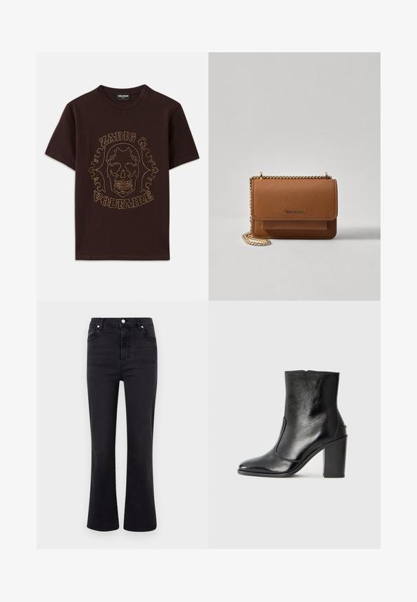 T-shirt nera in cotone, con una grafica di teschio contornata da borchie dorate e il testo "Zadig & Voltaire", maniche corte e collo rotondo.; Jeans neri a campana con vita alta, realizzati in denim. Presentano tasche frontali, chiusura con bottone e una trama liscia.; Stivale alla caviglia in pelle nera, con una superficie liscia, punta affilata e tacco alto e massiccio. Presenta una apertura laterale e un design minimalista.; Borsa a tracolla in pelle marrone con texture, dotata di catena dorata e chiusura a pattina. Sul davanti presenta un dettaglio con logo e una tasca sotto la pattina.