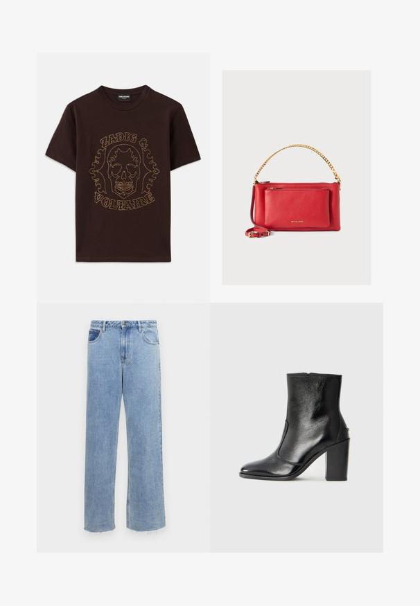 Musta t-paita, joka on valmistettu puuvillasta ja jossa on kultaisilla niitittämillä reunustettu pääkallo grafiikka sekä "Zadig & Voltaire" -teksti. Lyhyet hihat ja pyöreä kaula-aukko.; Vaaleansiniset leveälahkeiset farkut, joissa on korkea vyötärö, napin suljenta, kaksi etutaskua ja revityt lahkeet.; Mustat nahka ankle bootit, joissa on sileä pinta, terävä kärki ja paksu korkea korko. Sivusaumassa on avaus ja muuten yksinkertainen muotoilu.; Punainen nahkakäsilaukku, jossa on teksturoitu pinta, kultaketju ja -olkahin, etupuolella vetoketjullinen tasku ja kohokuvioitu logo. Kompakti ja jämäkkä muotoilu.