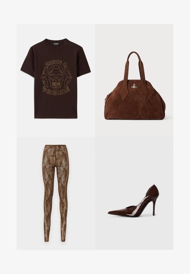 Black t-shirt made of cotton, featuring a skull graphic outlined in gold studs with "Zadig & Voltaire" text, short sleeves and crew neck.; Brown lace leggings with floral pattern, featuring a sheer texture and fitted design. High waistband for a snug fit, smooth at the seams.; Brown patent leather high-heeled pump with a pointed toe and cut-out sides, featuring a thin heel and smooth finish.; Brown suede handbag with a structured shape, rounded body, and elongated diamond-shaped handles. Features a silver hardware closure.