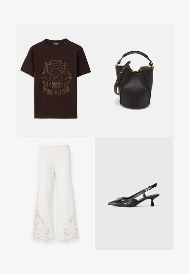 Mustast puuvillasest T-särgist, millel on kuldsete nupukestega ääristatud kolju graafika ja "Zadig & Voltaire" tekst, lühikesed varrukad ja ümar kaelus.; Valgedest kangast laiad püksid, millel on keerukad beežid tikandid ja lainelised servad alumistel säärtel.; Must must have must toote tõmblukuga, dekoratiivsed rihmad metallist silmadega ja madal blokk-kand. Tekstureeritud pind.; Mustast nahkämbriga kott tekstuurses viimistluses, kuldsete metalldetailide aktsentidega ja avatud ülaosaga. Omab lühikest käepidet ja reguleeritavat õlavarre rihma.