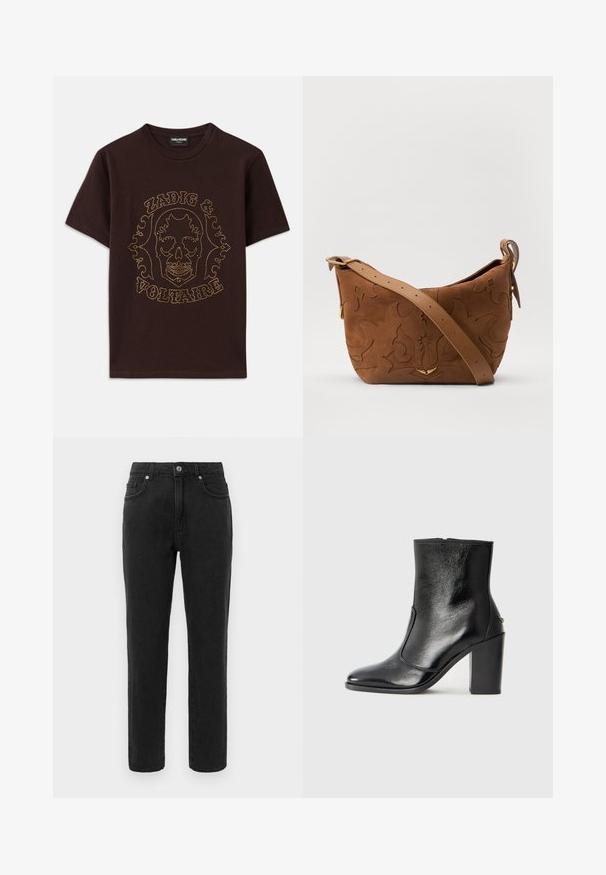 Black t-shirt made of cotton, featuring a skull graphic outlined in gold studs with "Zadig & Voltaire" text, short sleeves and crew neck.; Black denim jeans with a straight leg design, standard five-pocket styling, and a button closure. Features subtle stitching details.; Black leather ankle boot with a smooth texture, pointed toe, and a chunky high heel. Features a side opening and minimalistic design.; Brown suede shoulder bag with embossed floral design, complemented by a smooth brown leather strap and gold-tone hardware accent.