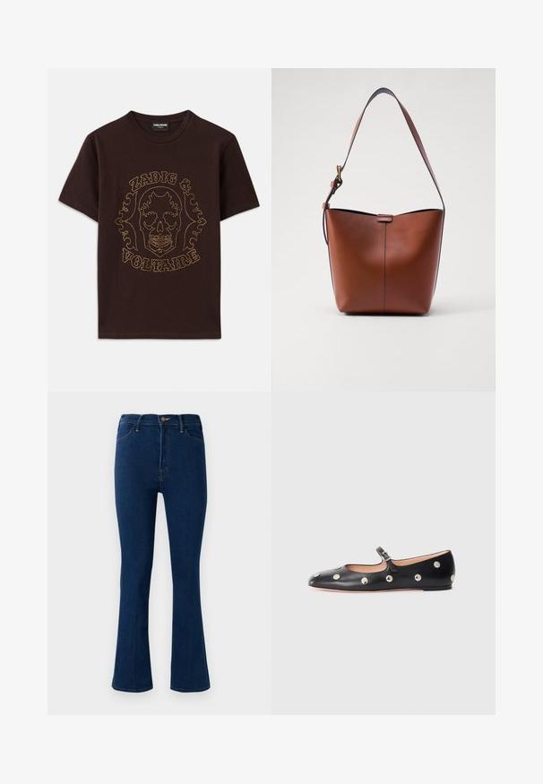Melnas krāsas kokvilnas T-krekls, ar zelta kniedēm iezīmētu skeleta grafiku un tekstu "Zadig & Voltaire", īsām piedurknēm un aploka kaklu.; Tumši zilas, augsti piegrieztas džinsus ar nelielu plats pie potītēm, ar priekšējiem kabatām un pogu aizdari.; Melna ādas Mary Jane līdzena zābaku ar noapaļotu purngalu, kurā ir sudraba apaļie kniedes un regulējama siksniņa ar sprādzi.; Brūna ādas plecu soma ar izliekta formu, gludu tekstūru un vienu plānu siksnu. Iekļauj subtilu šuvumu un mazu logotipa detaļu.