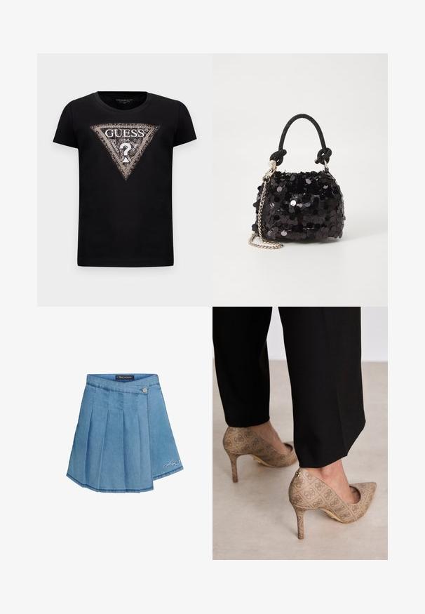 Melna īsās piedurkņu T-kreklā ar lielu mirdzošu trīsstūra logo, kurā ir "GUESS U.S.A." un centrāls jautājuma zīme.; Gaišblue džinsu svārki ar plisētu dizainu, metāla pogu aizdari un izšuvumiem uz apakšmalas. Gluda tekstūra un A formā veidota silueta.; Bežīgas augstpapēžu kurpes ar teksturētu audumu, kas rotāts ar atkārtotu rakstu. Norādītā pirksta dizains ar aizmugurējo akcentu un zelta papēža detaļām.; Melna spīguļota mini rokas soma ar mezglotu teksturētu siksniņu un sudraba ķēdi. Apaļa forma ar sakopotām malām un atstarojumu detaļām.