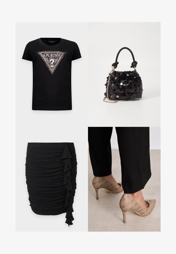 Must musta T-särk lühikeste varrukatega mustas värvuses, millel on suur sädelev kolmnurga logo, millel on kiri "GUESS U.S.A." ja keskel küsimärk.; Mustan rüütega seelik, millel on külgedel volangid, valmistatud venivast kangast ja millel on keha järgivad siluetid.; Beige kõrged kontsad, mis on valmistatud tekstureeritud kangast, millel on korduv muster. Terava nina disain tagakülje aktsendi ja kuldse kontsiga.; Must have mustrõngus mustal sädelev mini käekotil on sõlme tekstuuriga rihm ja hõbedane ketis. Ümar kuju, kokku kogutud ülaosa ja peegeldav detail.