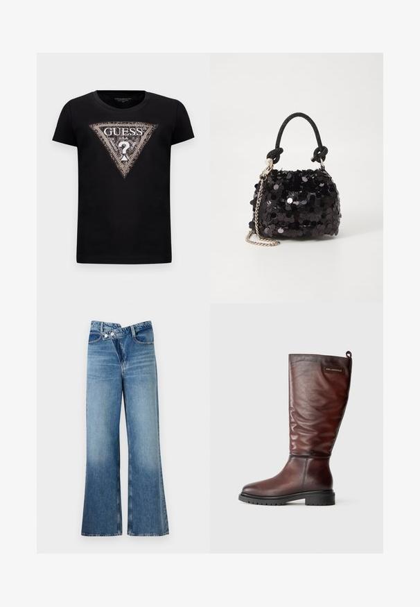 Melna īsās piedurkņu T-kreklā ar lielu mirdzošu trīsstūra logo, kurā ir "GUESS U.S.A." un centrāls jautājuma zīme.; Gai zils džinsu auduma bikses ar platām kājām un augstu vidukli, kurām ir divi pogas un priekšējās kabatas. Audumam ir izbalējusi tekstūra ar smalkām variācijām.; Brūnas ādas zābaki līdz ceļiem ar nedaudz nolaistu dizainu, apaļu purngalu un biezu, teksturētu melnu gumijas zoli. Iekļauta logo uzlīme.; Melna spīguļota mini rokas soma ar mezglotu teksturētu siksniņu un sudraba ķēdi. Apaļa forma ar sakopotām malām un atstarojumu detaļām.