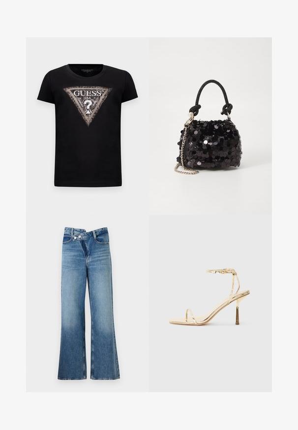 Black short-sleeve t-shirt with a large glittery triangle logo featuring "GUESS U.S.A." and a central question mark.; Light blue denim flared jeans with a high waist, featuring two buttons and front pockets. Fabric has a faded texture with subtle variations.; Gold metallic high-heeled sandal featuring a square toe, thin ankle strap, and a sleek, minimalist design with a shiny finish.; Black sequin mini handbag with a knotted textured strap and silver chain. Rounded shape with gathered top and reflective detailing.