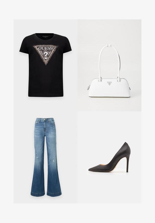 Fekete, rövid ujjú póló, nagyméretű, csillogó háromszöglogóval, amelyen a "GUESS U.S.A." felirat és egy középső kérdőjel található.; Kék farmer széles szárú nadrág magas derékkal, látható varrással és kopott részletekkel a térdnél. A szárak a térdtől a hem durva részéig szélesednek.; Fekete bőr magassarkú cipő, hegyes orral és sima felülettel, karcsú sarokkal és minimalista dizájnnal.; Fehér bőr kézitáska ívelt formával, ezüst háromszög logóval és zipzáras záródással. Simább szerkezet és dupla fogantyú.