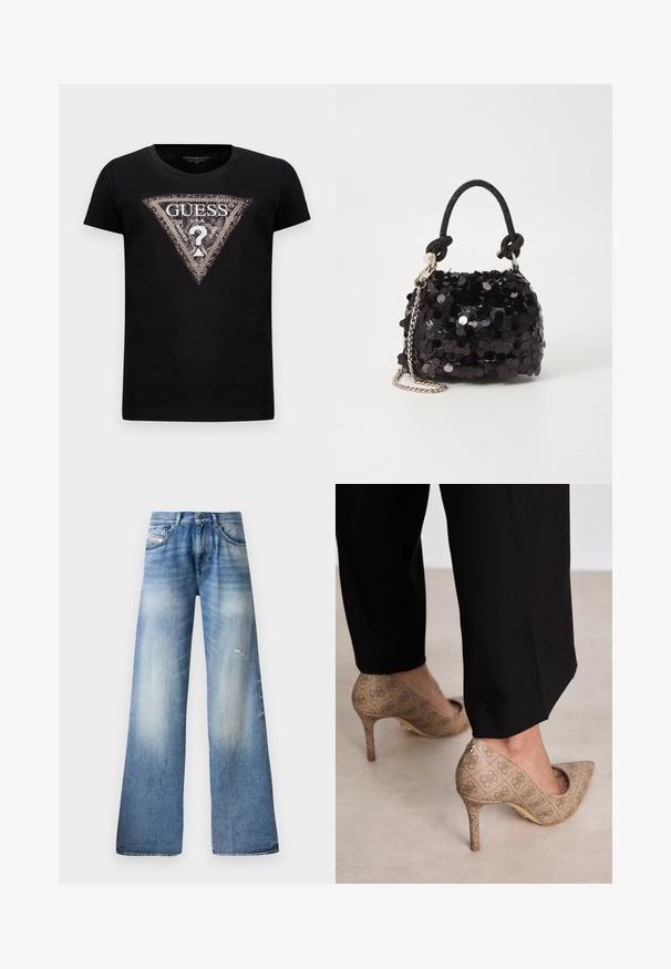 Camiseta negra de manga corta con un gran logo triangular brillante que presenta "GUESS U.S.A." y un signo de interrogación central.; Jeans de pierna ancha en denim de color azul claro, con un lavado desgastado, ligeras roturas, diseño clásico de cinco bolsillos y cierre de botón.; Zapatos de tacón altos beige con una tela texturizada que presenta un patrón repetitivo. Diseño de punta afilada con un acento en la parte trasera y detalle de tacón dorado.; Bolso de mano mini negro con lentejuelas, con una correa de textura anudada y cadena plateada. Forma redondeada con parte superior fruncida y detalles reflectantes.
