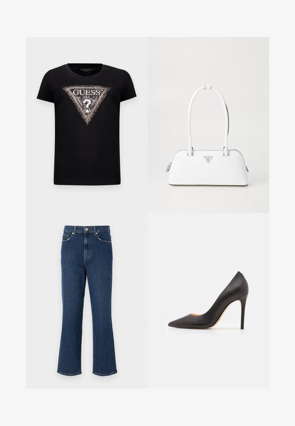Juoda trumpomis rankovėmis marškinėliai su dideliu blizgučiais išmargintu trikampio logotipu, kuriame yra "GUESS U.S.A." ir centrinis klausimo ženklas.; Tamsiai mėlynos, platiems džinsams, su aiškiai apibrėžtu liemeniu, priekine kišenėmis ir auksinės spalvos detalėmis. Lygus paviršius su siuvimo detalėmis.; Juodas odinis aukštakulnis batelis su smailiu pirštu ir lygiu paviršiumi, su lieknu kulnu ir minimalistiniu dizainu.; Balta odinė rankinė, turinti kreivą formą, su sidabriniu trikampiu logotipu ir užtrauktuko uždarymu. Lygi tekstūra ir dvigubi rankenai.