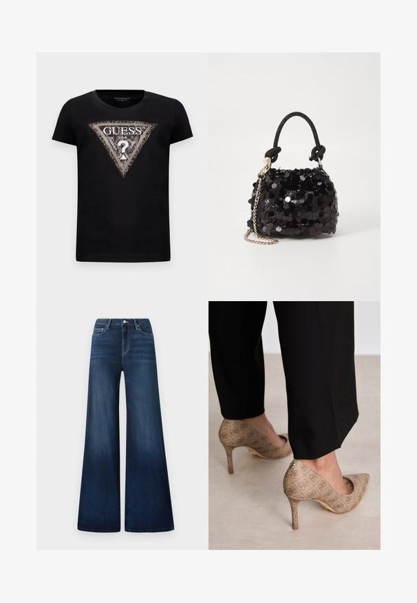 Black short-sleeve t-shirt with a large glittery triangle logo featuring "GUESS U.S.A." and a central question mark.; Dark blue wide-leg jeans with a high waistband, made of denim, featuring subtle fading, front pockets, and a classic button closure.; Beige high-heeled shoes with a textured fabric featuring a repeating pattern. Pointed toe design with a back accent and gold heel detail.; Black sequin mini handbag with a knotted textured strap and silver chain. Rounded shape with gathered top and reflective detailing.