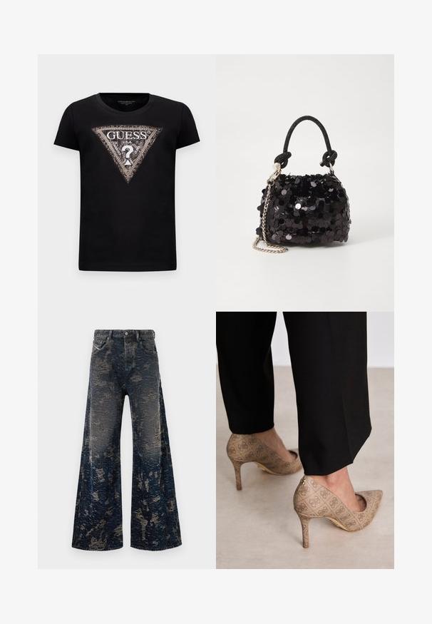 Melna īsās piedurkņu T-kreklā ar lielu mirdzošu trīsstūra logo, kurā ir "GUESS U.S.A." un centrāls jautājuma zīme.; Tumši zili platleņķa džinsi ar noputējušu, skābpārklājuma tekstūru un klasisku piecu kabatu dizainu.; Bežīgas augstpapēžu kurpes ar teksturētu audumu, kas rotāts ar atkārtotu rakstu. Norādītā pirksta dizains ar aizmugurējo akcentu un zelta papēža detaļām.; Melna spīguļota mini rokas soma ar mezglotu teksturētu siksniņu un sudraba ķēdi. Apaļa forma ar sakopotām malām un atstarojumu detaļām.
