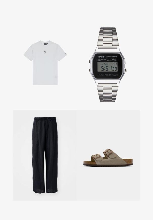 Valkoinen puuvillapaita, jossa on musta logo rinnassa, pyöreä kaula-aukko ja lyhyet hihat. Yksinkertainen muotoilu, jossa on minimaalista yksityiskohtaisuutta.; Mustat pellavahousut, joissa on leveät lahkeet, nauhakiristyksellä ja rento istuvuus. Liukas pinta, ei näkyviä kuvioita tai metalliosia.; Suede liukumi sandalai šviesiai pilkos spalvos su dviem reguliuojamomis sagtimis, kamštiniu viduriu ir tekstūruota gumine išore.; Digitaalinen Casio-kello, jossa on musta kellotaulu, hopeinen ruostumattomasta teräksestä valmistettu ranneke, suorakaiteen muotoinen kotelo sekä napit valoa, kierros-nollaus- ja tilan säätöä varten.; Hopeaketju, jossa on yksinkertainen suorakaiteen muotoinen ristiriipus, kiillotettu pinta ja sileä rakenne.