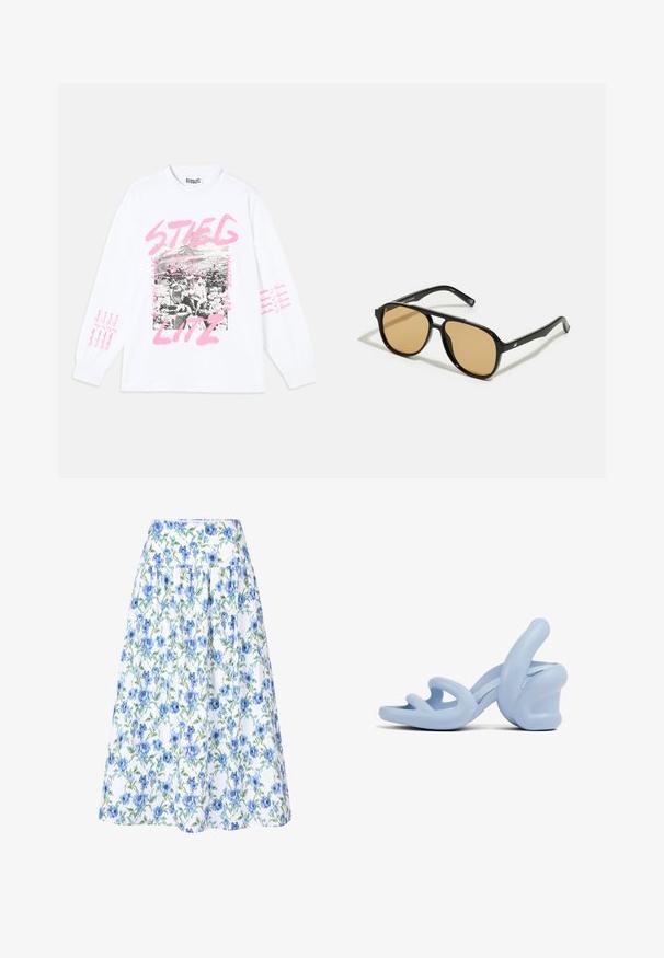 Bílé tričko s dlouhým rukávem a grafickým potiskem, který obsahuje černobílé obrázky a růžový text, včetně slova "STIEGLITZ" a opakovaných frází na rukávech.; Květinová sukně s bílým pozadím, modrými květy a zelenými listy, se strukturovaným pasem a nařaseným designem pro objem.; Světlé modré sandály na podpatku, vyrobené z hladké gumy, s plastickým designem vlnitých pásků a masivním podpatkem.; Černé sluneční brýle s hnědými tónovanými čočkami; obdélníkový tvar s tlustým rámem, včetně jemných kovových akcentů na stranách.