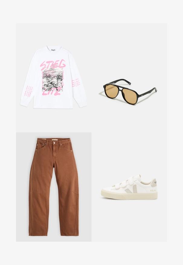 Hvit langermet t-skjorte med grafisk trykk som har svart-hvitt bilder og rosa tekst, inkludert "STIEGLITZ" og gjentatte fraser på ermene.; Rostbrune rett-skaftede jeans med front- og baklommer, metallnitter, knappeåpning og beltehemper, lagt flatt på en hvit bakgrunn.; Hvite joggesko med borrelås, semsket tilbehør i beige, teksturert gummisåle og V-logo i grått. Minimalistisk design, avrundet form.; Svarte solbriller med brune fargede linser; rektangulær form med tykk ramme, inkludert subtile hardware-detaljer på stengene.