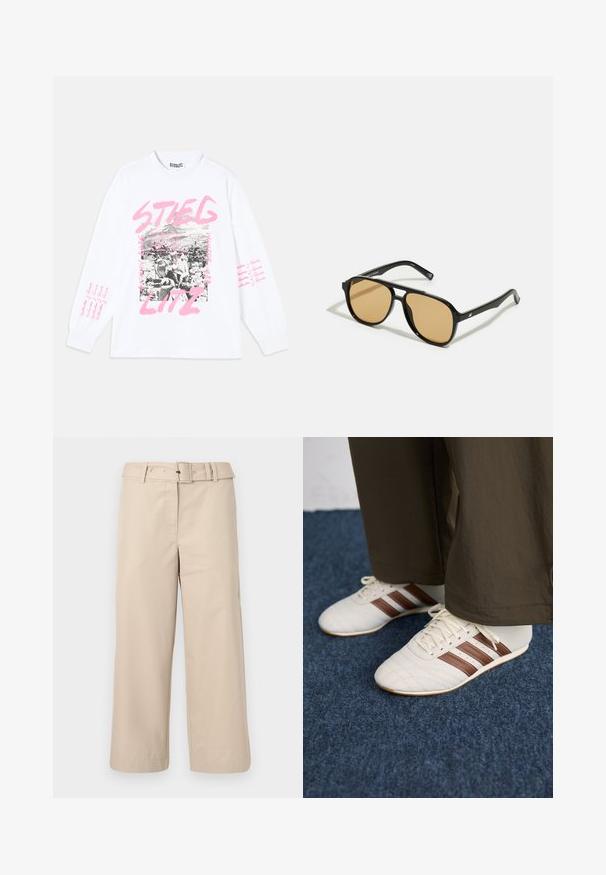 Fehér, hosszú ujjú póló grafikai nyomattal, amely fekete-fehér képeket és rózsaszín szöveget tartalmaz, beleértve a "STIEGLITZ" feliratot és a karokon ismétlődő mondatokat.; Beige, bő szárú nadrág sima anyagból. Övvel ellátott derék és két oldalsó zseb jellemzi. Tiszta varrások és befejezett szegély.; Fehér tornacipők barna csíkokkal, barna nadrággal viselve, kék szőnyegpadlón.; Fekete napszemüveg barna árnyalatú lencsékkel; téglalap alakú, vastag kerettel, a szárakon diszkrét fém részletekkel.; Fekete bőrtáska ívelt formával, egyetlen pánttal, cipzáras záródással és diszkrét logóval az elején. Simább textúra, minimalista dizájn.