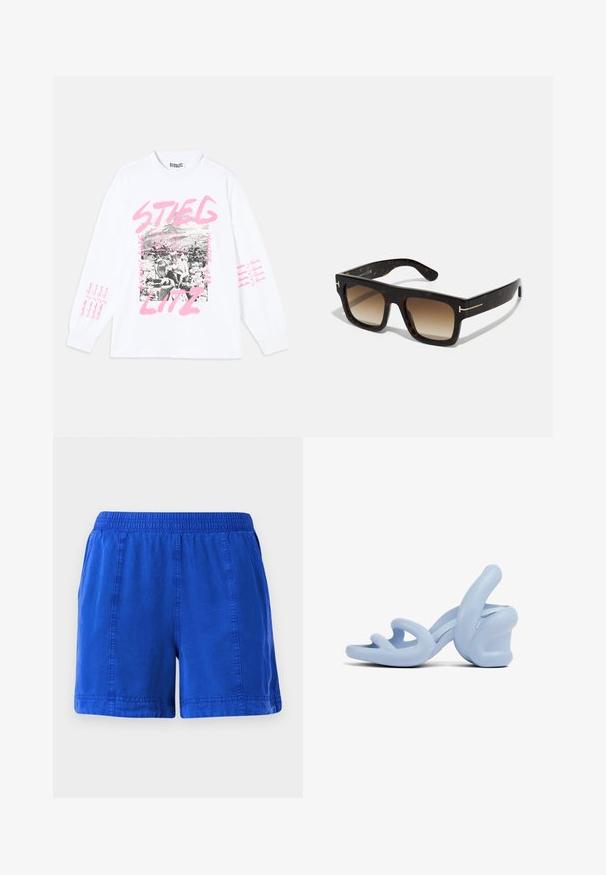 Bílé tričko s dlouhým rukávem a grafickým potiskem, který obsahuje černobílé obrázky a růžový text, včetně slova "STIEGLITZ" a opakovaných frází na rukávech.; Modré bavlněné šortky s elastickým pasem, bočními kapsami a prošívanými švy, s hladkou texturou a volným designem.; Světlé modré sandály na podpatku, vyrobené z hladké gumy, s plastickým designem vlnitých pásků a masivním podpatkem.; Kočičí sluneční brýle s čtvercovým rámem, gradientní hnědé čočky a diskrétní zlaté detaily na spáncích.