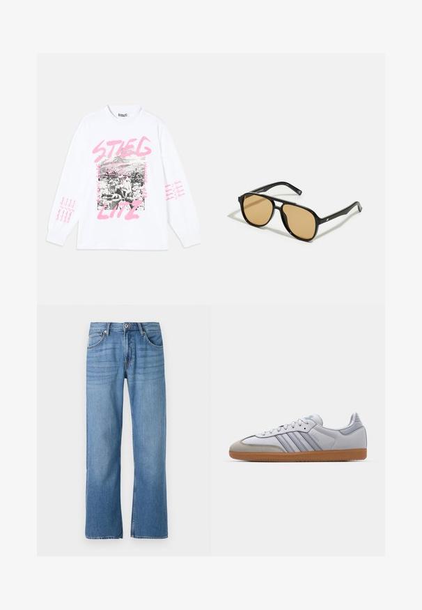 Balts garām piedurknēm T-krekls ar grafisko apdruku, kas satur melnbaltus attēlus un rozā tekstu, tostarp "STIEGLITZ" un atkārtojošos frāzes uz piedurknēm.; Gai zilgani džinsi ar taisnu kāju dizainu, piecu kabatu stilu, ar vienu pogu aizdari un izšūti dekoratīvi elementi gar šuvēm.; Baltas ādas sporta apavi ar gaiši ziliem akcentiem, pelēka zamša purngala un brūnas gumijas zole. Iezīmē trīs zilas svītras un "Samba" zīmolu.; Melnas saulesbrilles ar brūnā tonītiem stikliem; taisnstūra forma ar biezu rāmi, ieskaitot smalku aparatūru akcentu uz tempļiem.
