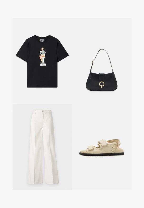 Juodas medvilninis marškinėliai su atspausdintu grafiku, kuriame pavaizduota moteris dryžuotu viršumi, sėdinti ant postamento, o apačioje užrašas "Moschino Jeans".; Balti platūs baltos spalvos keliai, pagaminti iš medvilnės su lygiu paviršiumi. Yra priekinis mygtukas, užtrauktukas ir keturi kišenės.; Bežiniai odiniai šlepetės su dviem reguliuojamais Velcro dirželiais, uždara priekinė dalis ir juodas gumos padas. Išsiskiria minimalistiniu dizainu ir atvira nugaros dalimi.; Juoda odinė rankinė su kreiva siluetu, trumpa rankena, centriniu auksinės spalvos apdailos elementu ir lygiomis tekstūromis. Nėra matomų raštų ar akcentų.