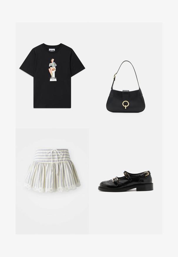 T-shirt en coton noir avec un graphisme imprimé représentant une femme en haut rayé, assise sur un piédestal avec le texte "Moschino Jeans" en dessous.; Jupe rayée jaune et bleue, avec une taille froncée dotée d'un cordon de serrage et d'une dentelle le long de l'ourlet. Tissu en coton.; Chaussures en cuir noir avec détails de brogue, dotées de deux sangles à boucle, d'un bout arrondi et d'un talon bas. Texture lisse avec finition brillante.; Sac à main en cuir noir avec une silhouette arrondie, une courte bandoulière, un matériel doré central et une texture lisse. Aucun motif ni accent visible.