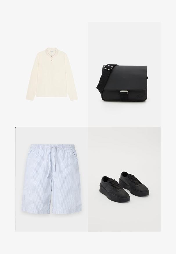 Polo de manga larga en color crema, con cuello plano, tapeta de tres botones con botones en tono dorado y una tela suave y texturizada.; Bañadores a rayas azules y blancos hechos de tejido ligero, con una cintura elástica con cordón y bolsillos laterales.; Un par de zapatillas negras de plataforma bajas con cordones, suelas gruesas y detalles de perforación en la zona de los dedos, sobre un fondo liso.; Bandolera negra hecha de material texturizado con cierre de solapa, correa ajustable y herrajes de metal. Presenta un detalle de logo en la parte frontal.