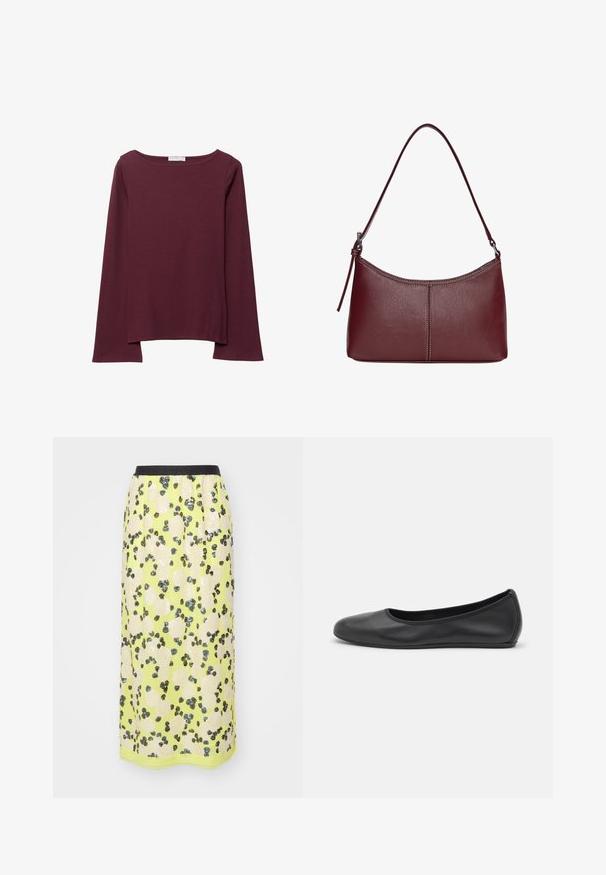 Burgundowa bluzka z długim rękawem, wykonana z miękkiego materiału, z szerokim okrągłym dekoltem i lekko zaokrąglonym dołem, zapewniająca luźny krój.; MUNTHE OMI ciemnożółty; Czarne skórzane baletki z zaokrąglonym noskiem, gładką fakturą, minimalnymi przeszyciami i elastycznym designem podeszwy.; Bordowa torebka skórzana o zaokrąglonym kształcie, z jednym paskiem na ramię i przeszyciami w centrum. Gładka faktura, minimalna ilość elementów metalowych.