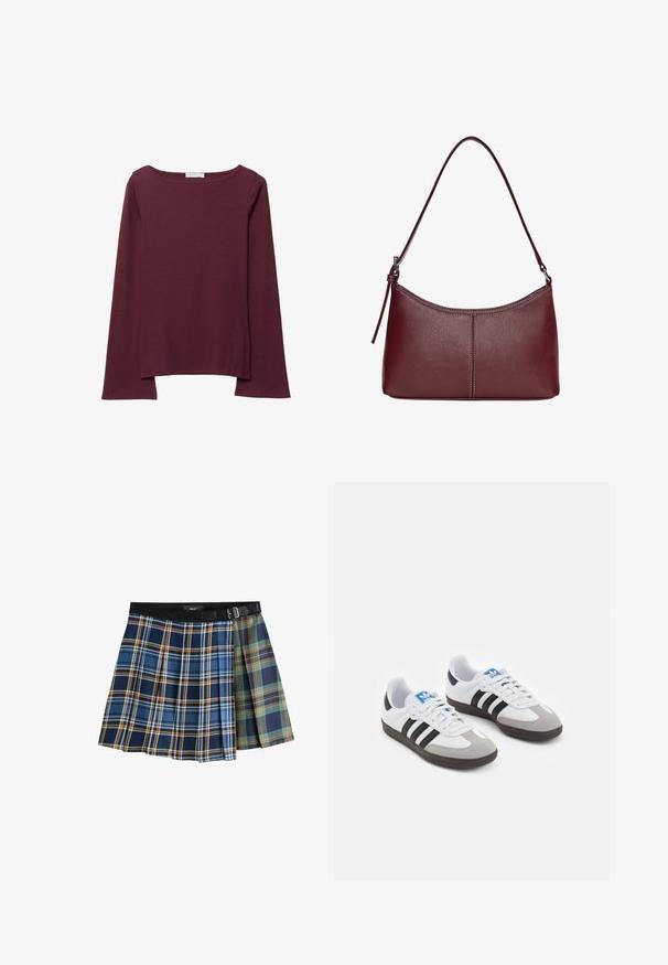 Bordo majica dugih rukava izrađena od mekog materijala, s širokim okruglim izrezom i blago zakrivljenim rubom za opušteni fit.; Suknja s plisiranjem mini dužine s dvobojnim kariranim uzorcima u plavoj, narančastoj, zelenoj i tamnoplavoj boji, sa crnim pojasom i kopčanjem.; Sportske cipele s gornjištem od bijele kože, sivi suedinasti nos i tri crne pruge. Imaju plavi logo na jeziku i teksturiranu gumenu podlogu.; Bordo kožna torba s zakrivljenim oblikom, jednim remenom za rame i šivenim detaljima na sredini. Glatka tekstura, minimalni dodaci.