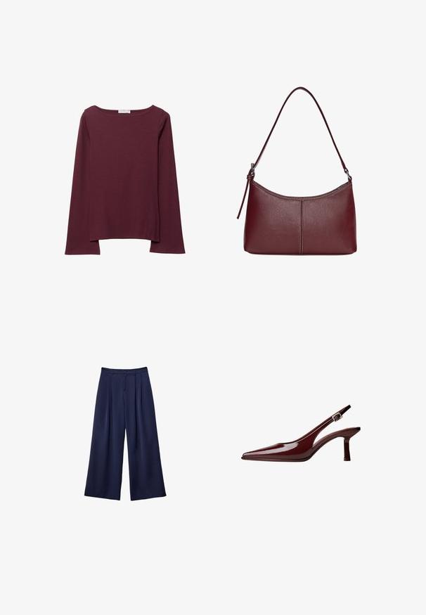 Burgundska dolga majica z dolgimi rokavi, izdelana iz mehkega materiala, z širokim krožnim izrezom in rahlo ukrivljenim robom za sproščen fit.; Mornarsko modri široki hlače z naborki, gumbi v pasu in zankami za pas, prikazane na ravni beli ozadju.; Bordo paten usnjeni čevelj s slingback zasnovo in koničastim nosom, srednje visoka kitten peta ter srebrno zaponko na beli podlagi.; Bordo usnjeni ročni torbici s ukrivljeno obliko, enim ramenskim trakom in šivanjem na sredini. Gladka tekstura, minimum kovinskih dodatkov.