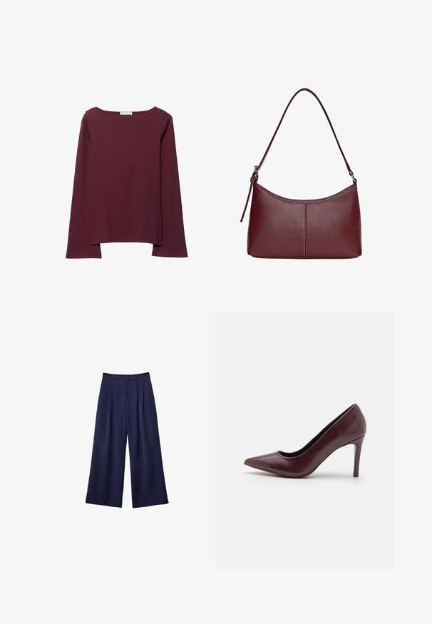 Burgundska dolga majica z dolgimi rokavi, izdelana iz mehkega materiala, z širokim krožnim izrezom in rahlo ukrivljenim robom za sproščen fit.; Mornarsko modri široki hlače z naborki, gumbi v pasu in zankami za pas, prikazane na ravni beli ozadju.; Burgundska usnjena čevlja s peto, ostra konica, gladka tekstura in tanka stiletto peta. Eleganten silhueta z minimalnimi oblikovalskimi podrobnostmi.; Bordo usnjeni ročni torbici s ukrivljeno obliko, enim ramenskim trakom in šivanjem na sredini. Gladka tekstura, minimum kovinskih dodatkov.