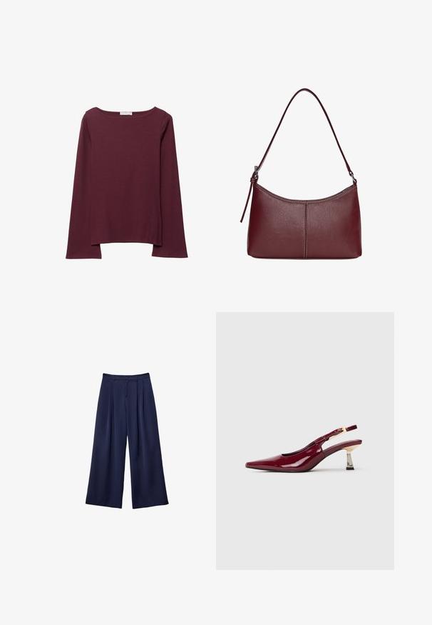 Burgundské tričko s dlouhým rukávem vyrobené z měkkého materiálu, s širokým kulatým výstřihem a mírně zakřiveným lemem pro uvolněný střih.; Námorně modré kalhoty s širokými nohavicemi, s plisovaním, knoflíkovým páskem a poutky na opasek, zobrazené položené na bílé pozadí.; Lesklý vínový slingback s špičatou špičkou, se zlatým sponou a středně vysokým kovovým blokovým podpatkem na bílém pozadí.; Vínová kožená kabelka s zakřiveným tvarem, jediným ramenním popruhem a prošíváním ve středu. Hladký povrch, minimální kovové prvky.