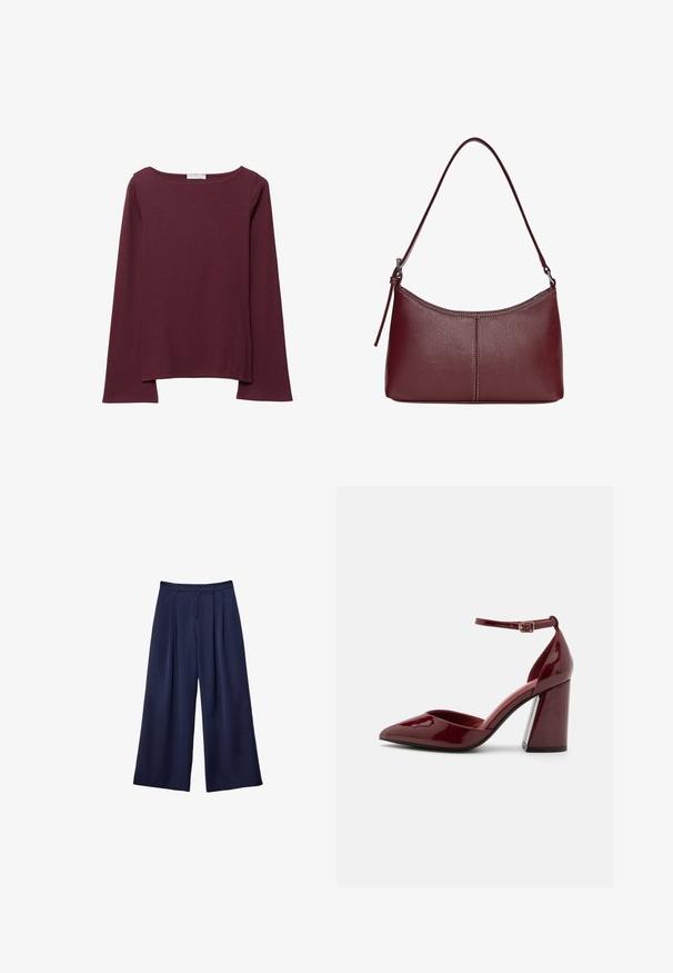 Burgundowa bluzka z długim rękawem, wykonana z miękkiego materiału, z szerokim okrągłym dekoltem i lekko zaokrąglonym dołem, zapewniająca luźny krój.; Granatowe spodnie typu wide-leg z plisami, zapinane w pasie na guziki, z szlufkami na pasek, pokazane na płasko na białym tle.; Bordowe lakierowane szpilki z długim noskiem, z paskiem na kostkę i grubym obcasem. Gładka tekstura i elegancki design.; Bordowa torebka skórzana o zaokrąglonym kształcie, z jednym paskiem na ramię i przeszyciami w centrum. Gładka faktura, minimalna ilość elementów metalowych.